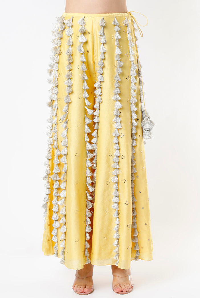 Pale Yellow Georgette Embroidered Choli With Mukaish Silkmul Sharara With Tassel Detailing