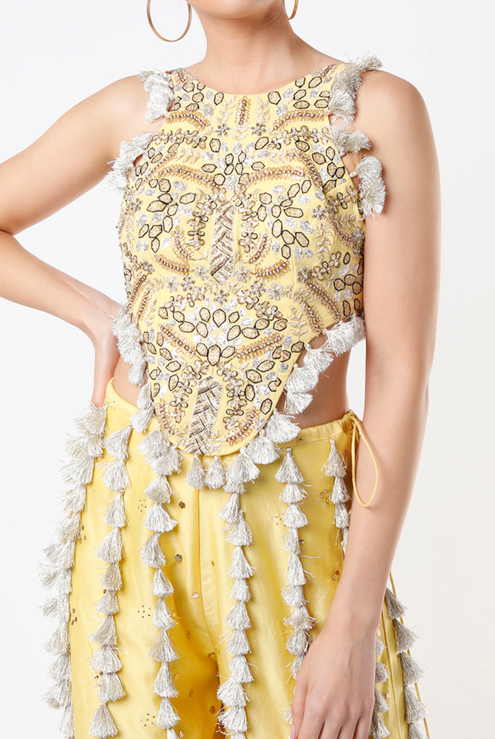 Pale Yellow Georgette Embroidered Choli With Mukaish Silkmul Sharara With Tassel Detailing