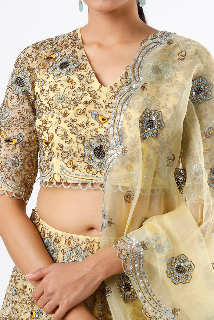 Pale Yellow Organza Embroidered Lehenga And Choli With Dupatta