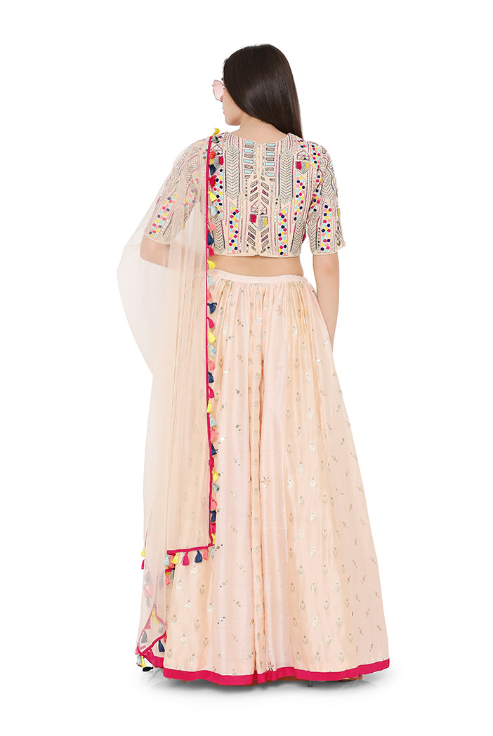 Peach Colour Georgette Choli with Multi Brocade and Mukaish Silkmul Panelled Lehnega with Net Dupatta