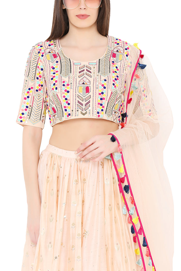 Peach Colour Georgette Choli with Multi Brocade and Mukaish Silkmul Panelled Lehnega with Net Dupatta