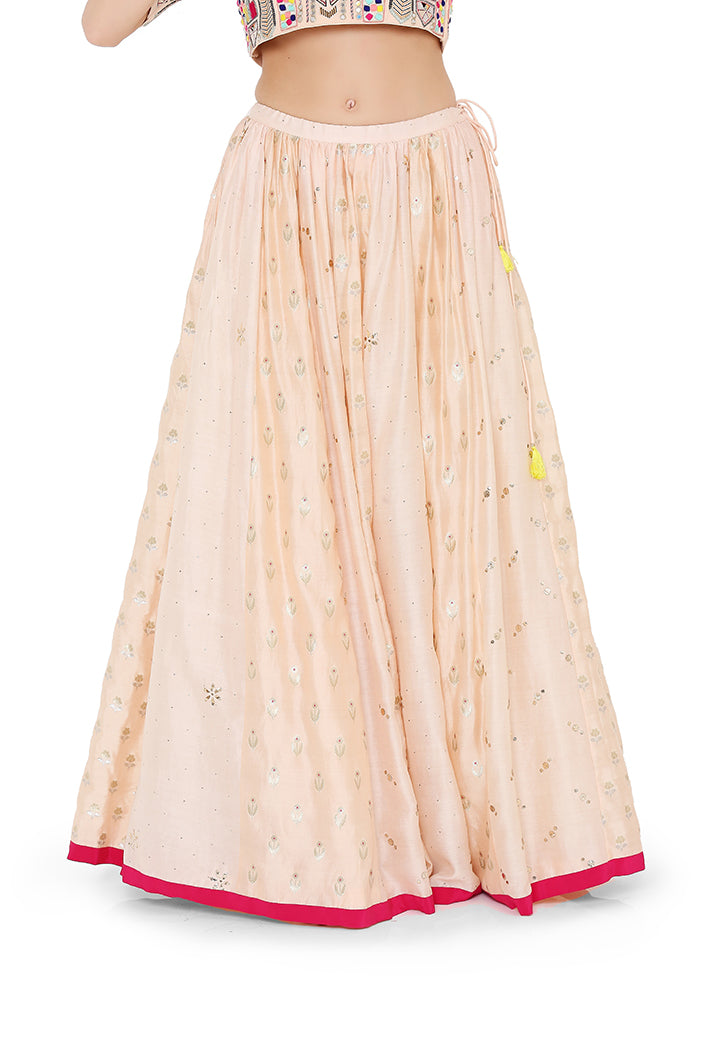 Peach Colour Georgette Choli with Multi Brocade and Mukaish Silkmul Panelled Lehnega with Net Dupatta