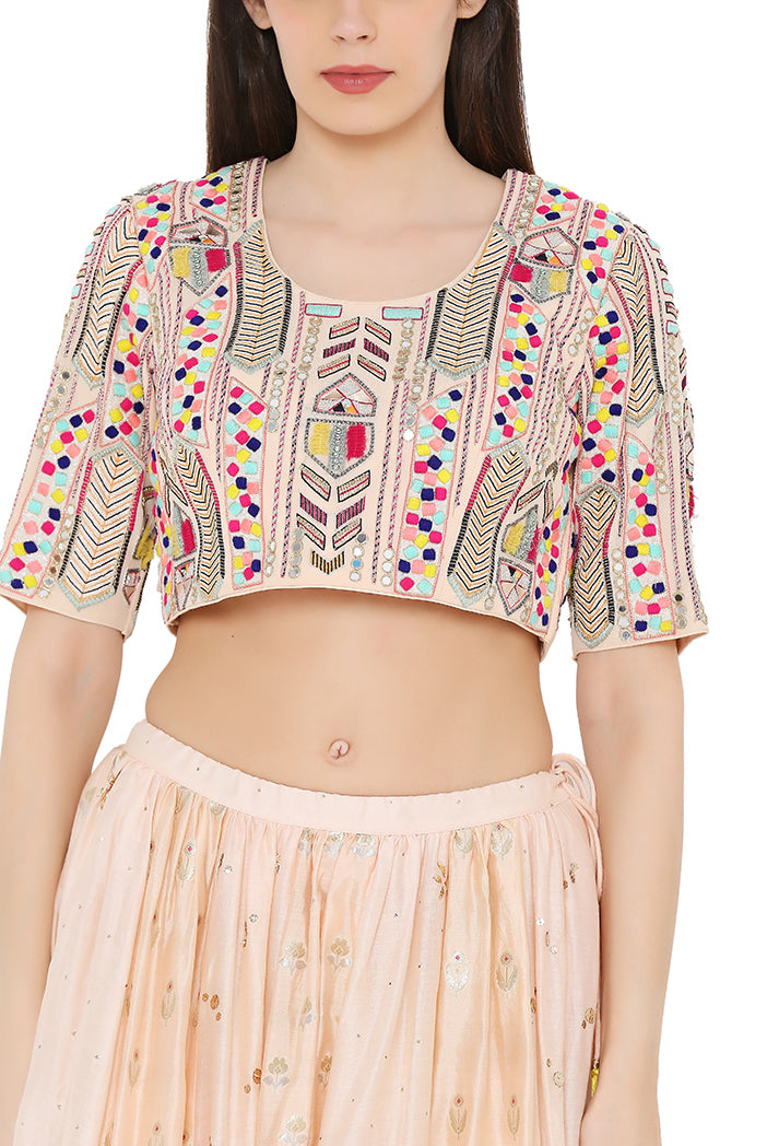 Peach Colour Georgette Choli with Multi Brocade and Mukaish Silkmul Panelled Lehnega with Net Dupatta