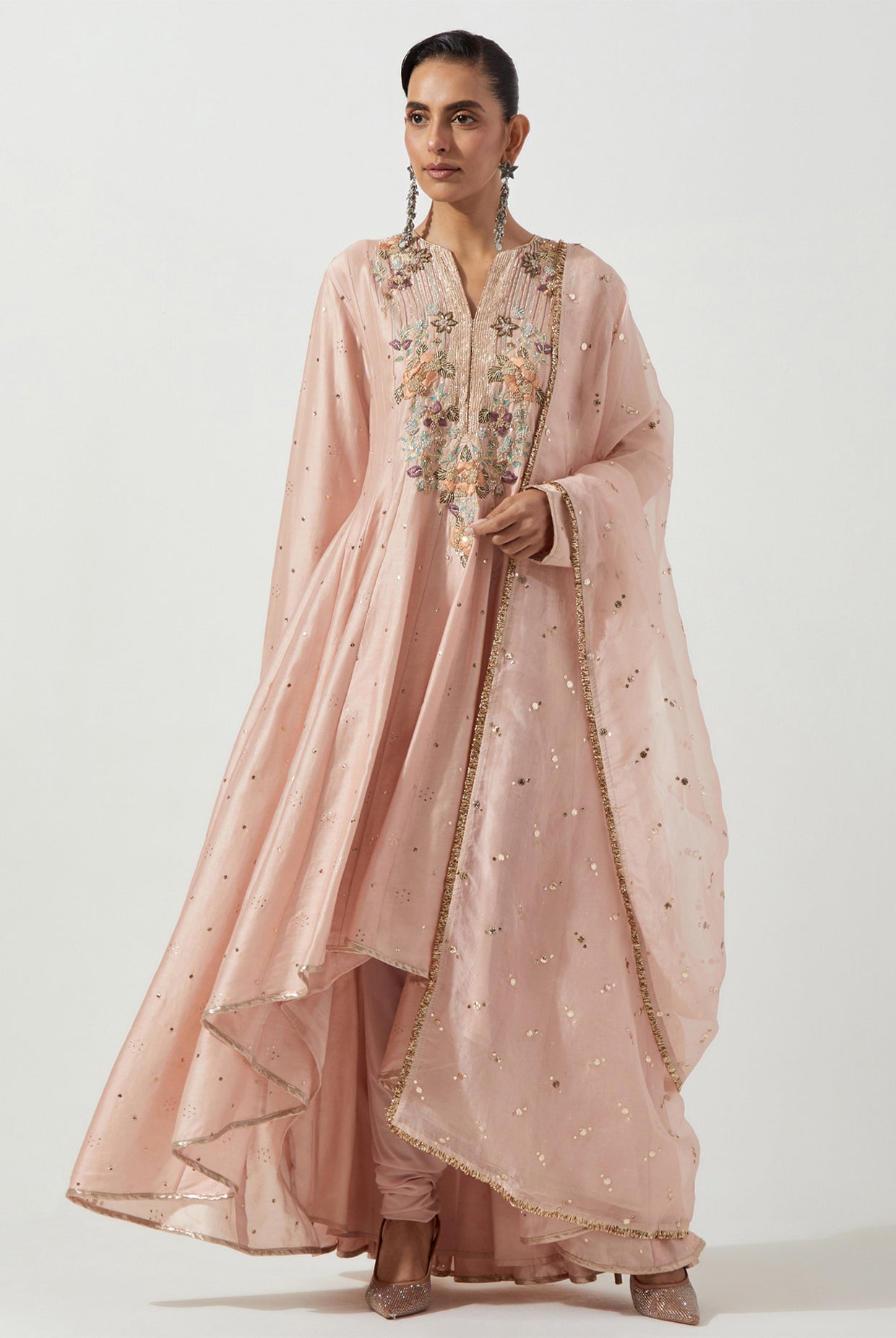 PEACHY PINK HIGH LOW ANARKALI WITH CHURIDAR & ORGANZA DUPATTA