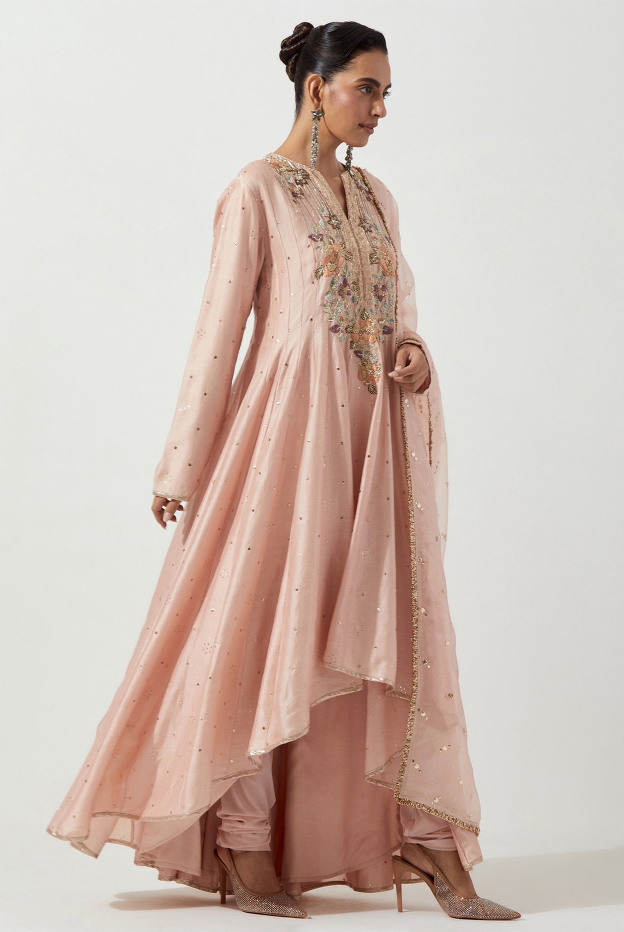 PEACHY PINK HIGH LOW ANARKALI WITH CHURIDAR & ORGANZA DUPATTA