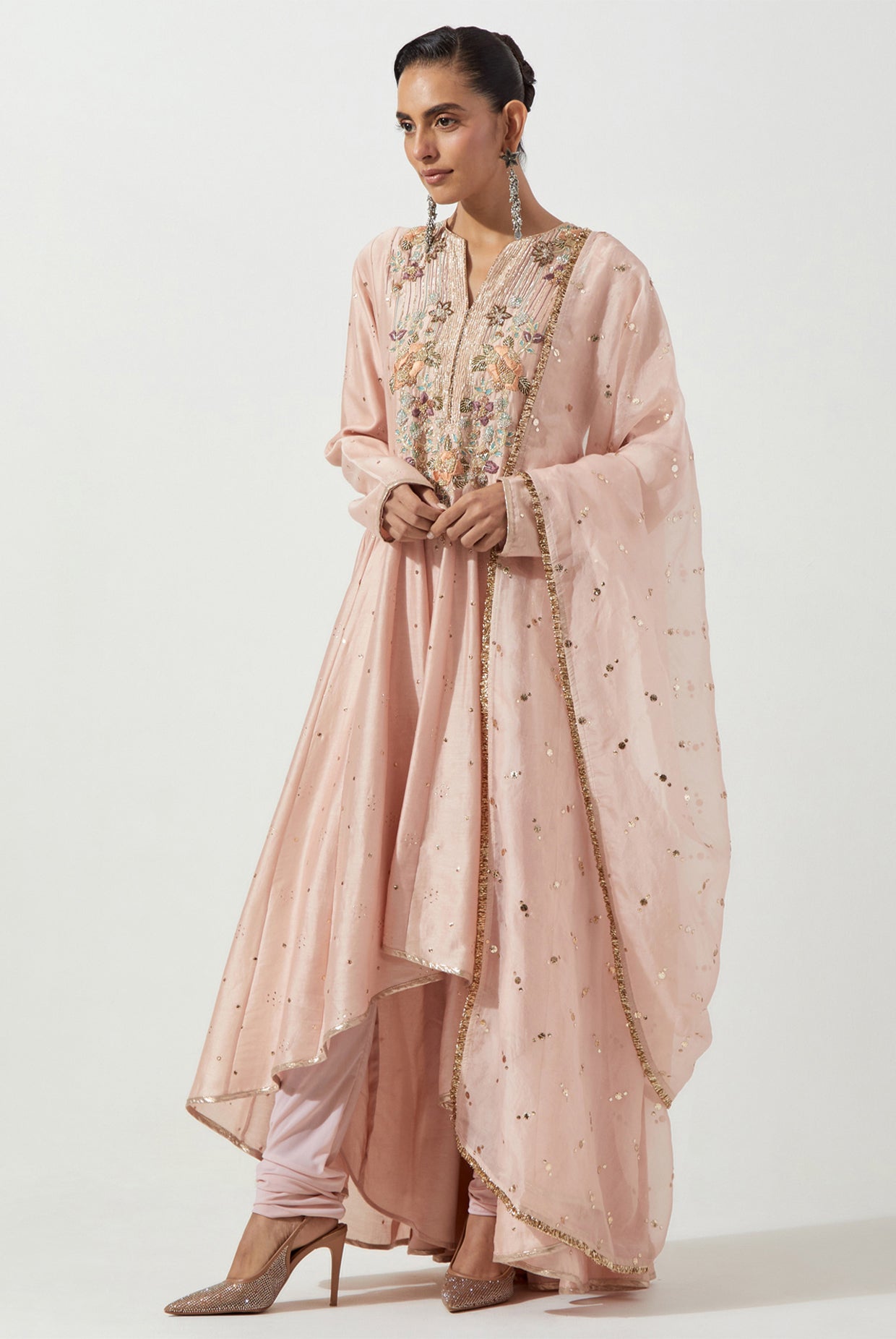 PEACHY PINK HIGH LOW ANARKALI WITH CHURIDAR & ORGANZA DUPATTA