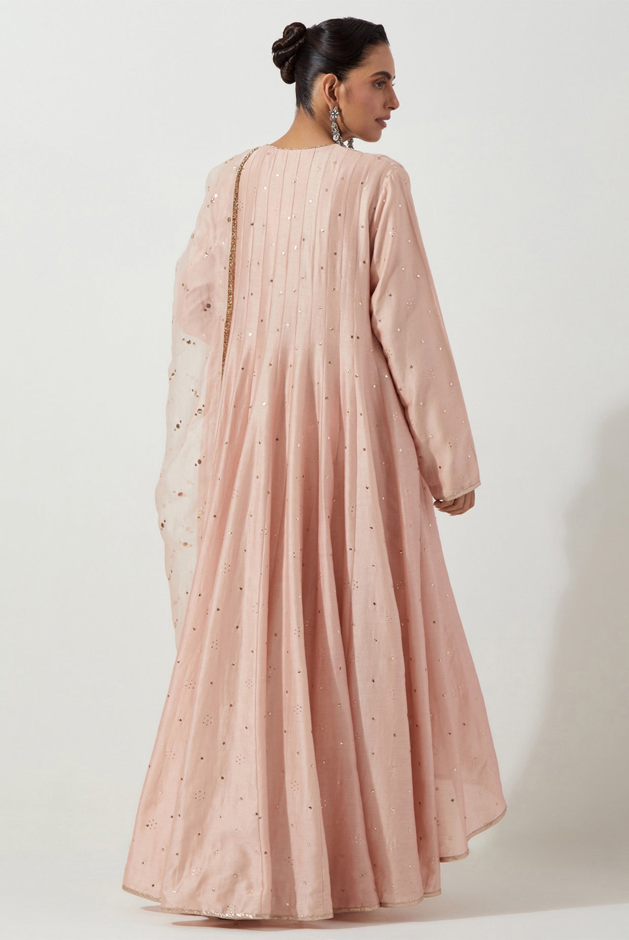 PEACHY PINK HIGH LOW ANARKALI WITH CHURIDAR & ORGANZA DUPATTA