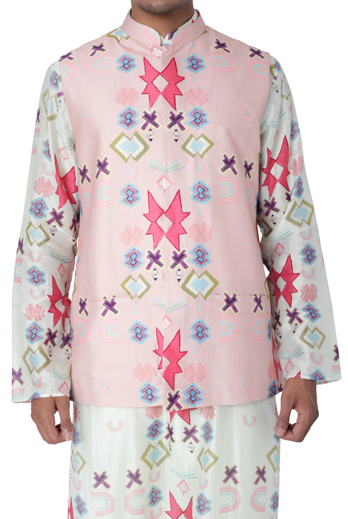 Pink Colour Printed Dupion Silk Bandi with White Colour Printed Silkmul Kurta and Off White Colour Cotton Silk Churidar