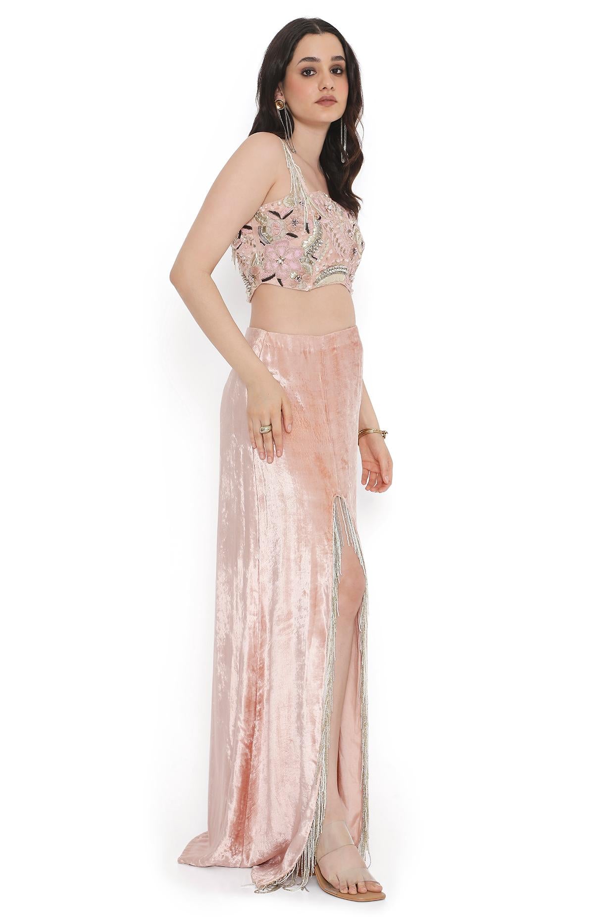 Pink Embroidered Choli With Side Slit Skirt