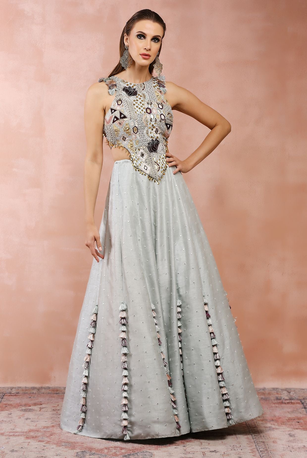 Powder Blue Applique Embroidered Choli With Lehenga
