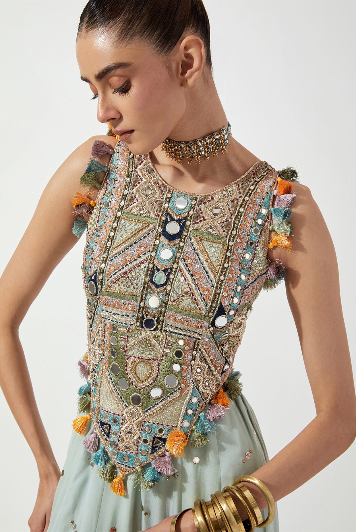 POWDER BLUE CHOLI WITH GEORGETTE SHARARA