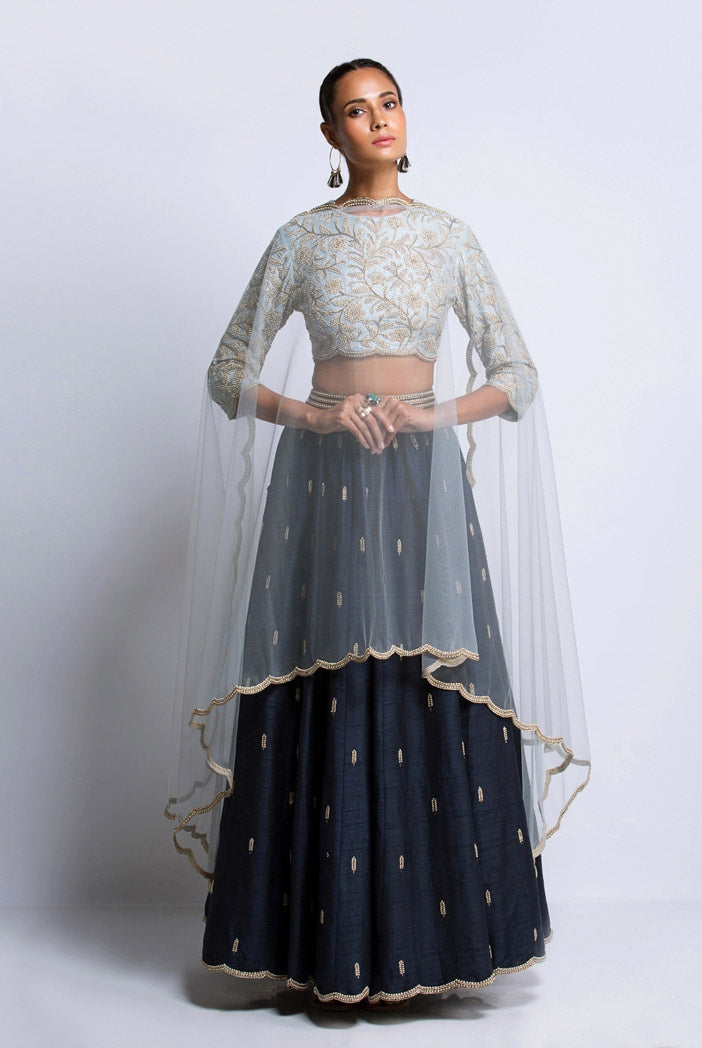 Powder Blue Dupion silk Choli with Navy dupion Silk Lehenga and Powder Blue Net Dupatta