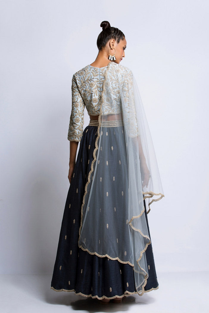 Powder Blue Dupion silk Choli with Navy dupion Silk Lehenga and Powder Blue Net Dupatta