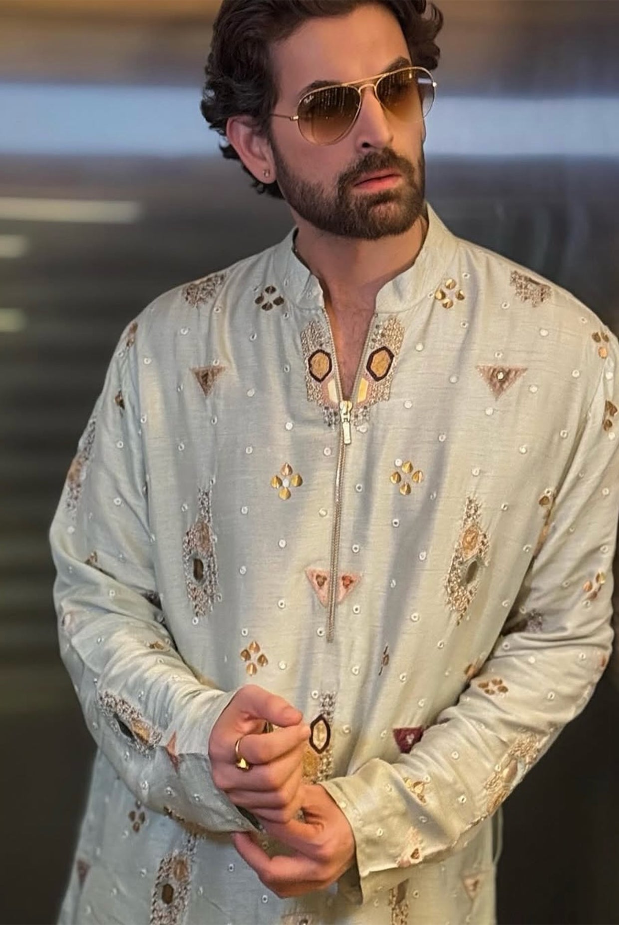 POWDER BLUE EMBROIDERED BOMBER KURTA WITH STRAIGHT PANTS