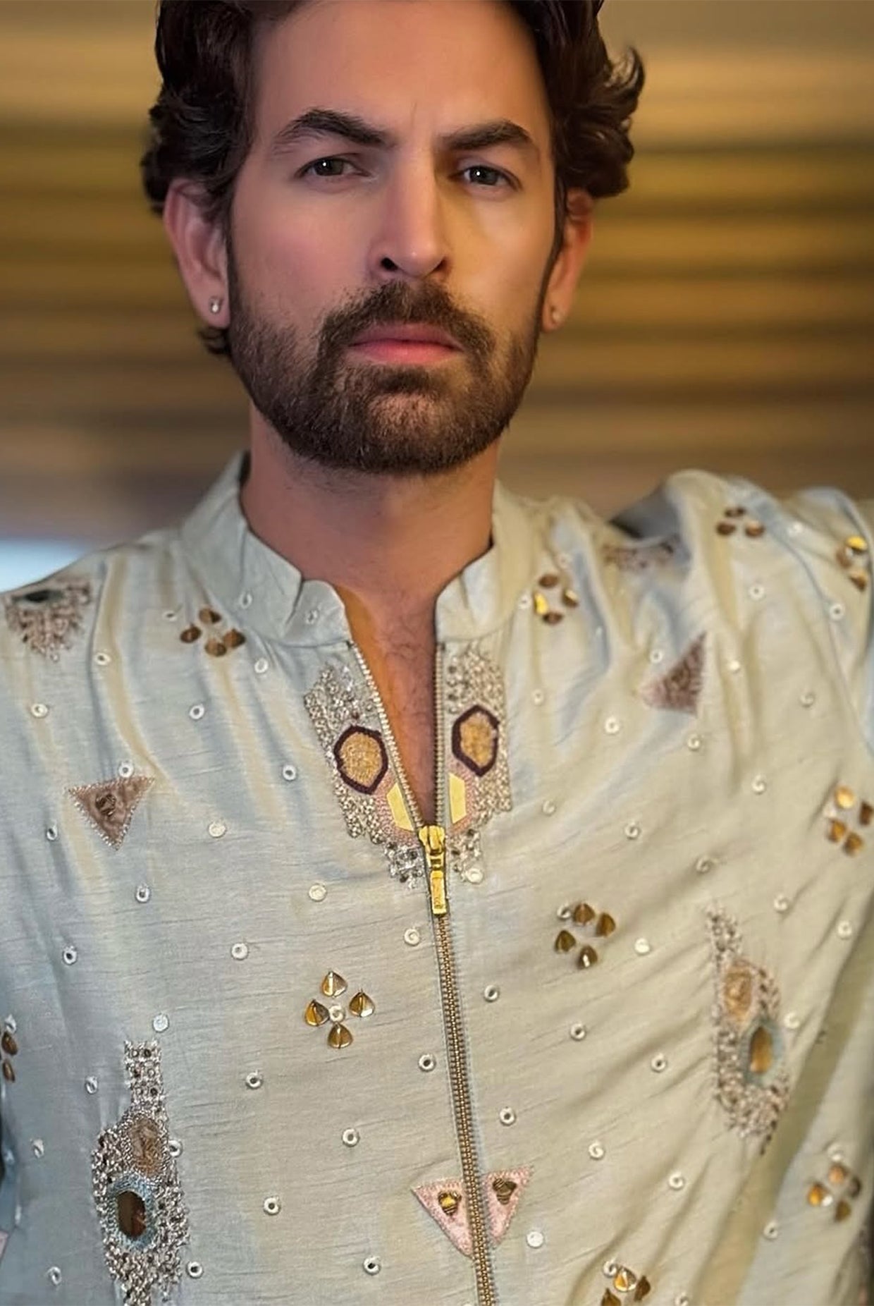 POWDER BLUE EMBROIDERED BOMBER KURTA WITH STRAIGHT PANTS