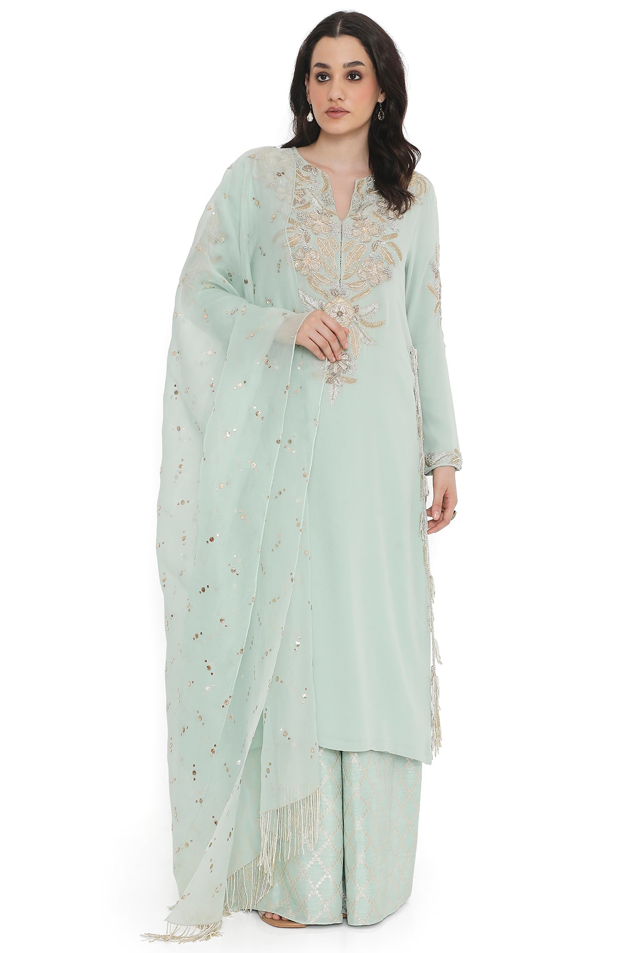 Powder Blue Embroidered Kurta With Pant And Dupatta