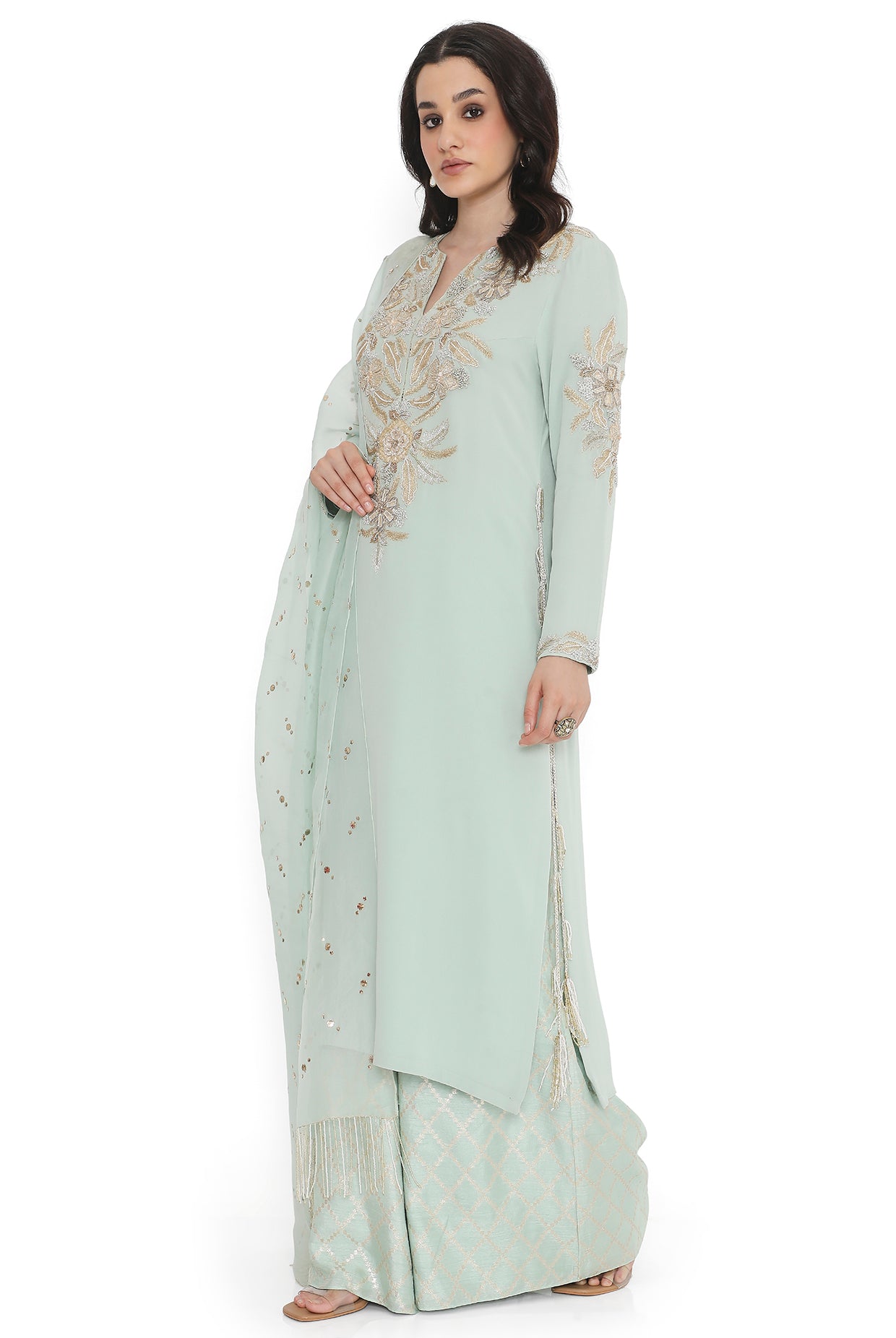 Powder Blue Embroidered Kurta With Pant And Dupatta