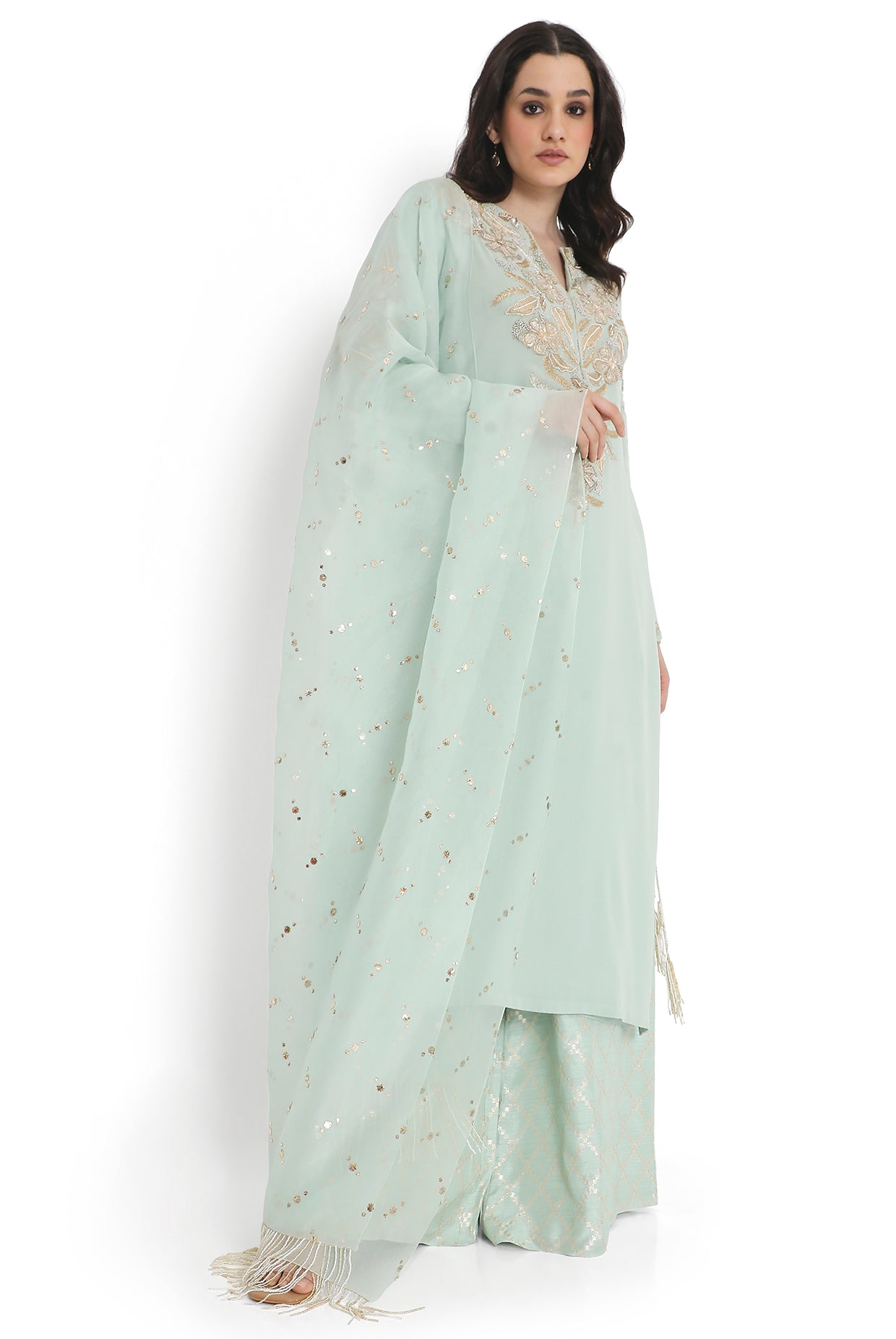 Powder Blue Embroidered Kurta With Pant And Dupatta