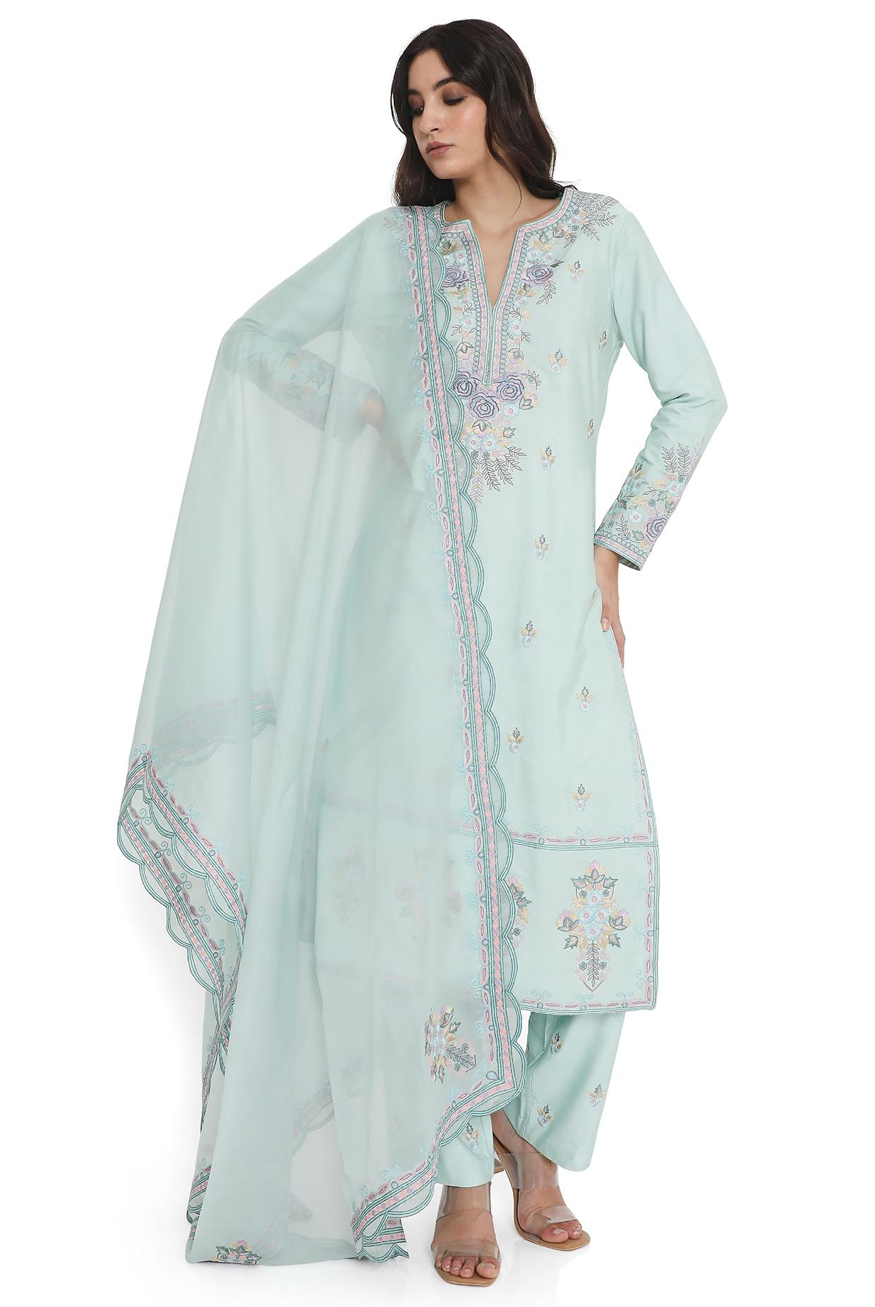 Powder Blue Embroidered Kurta With Pant And Embroidered Dupatta