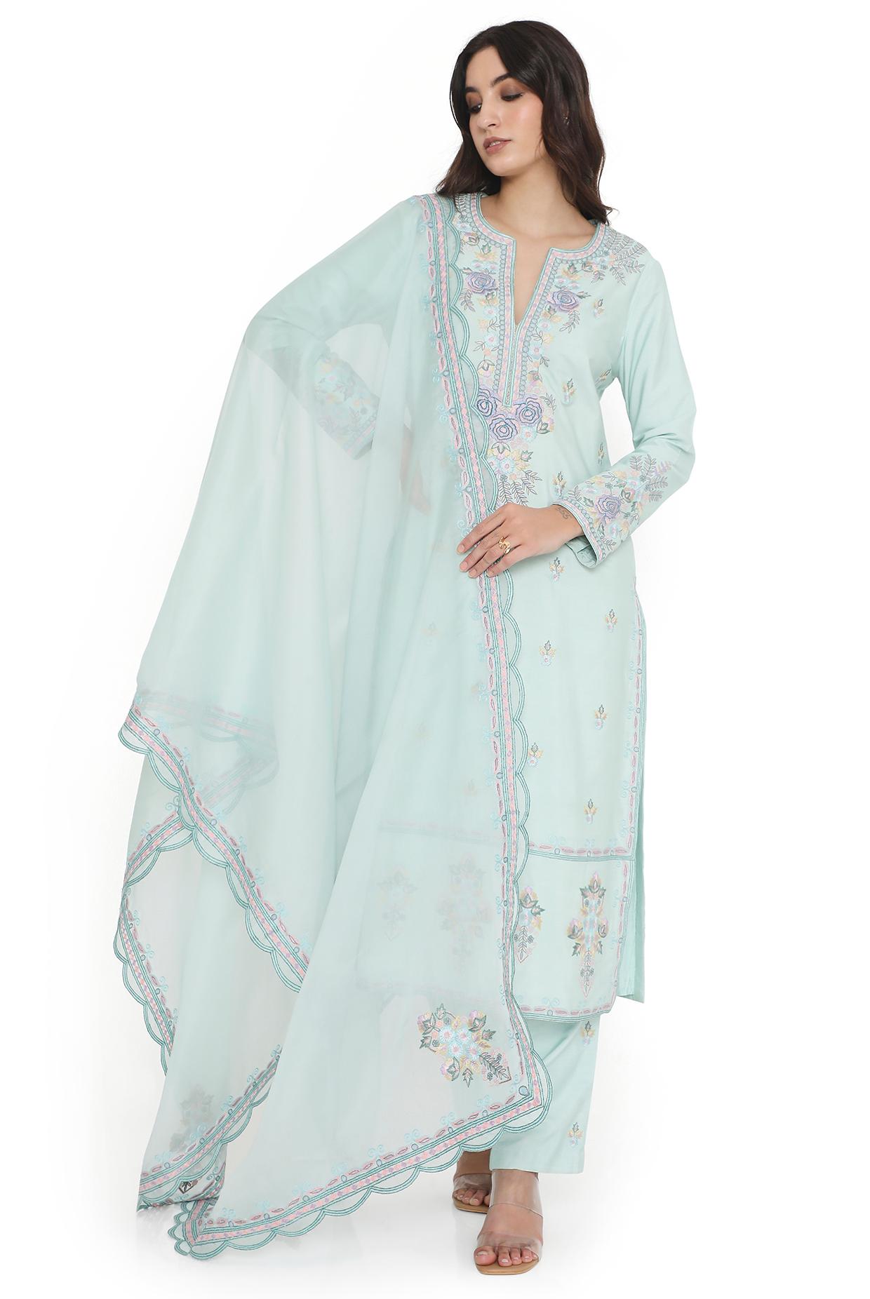 Powder Blue Embroidered Kurta With Pant And Embroidered Dupatta