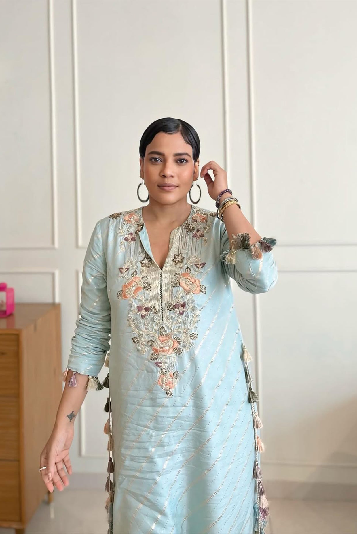 Powder Blue Line Dola Silk Beyza Kaftan