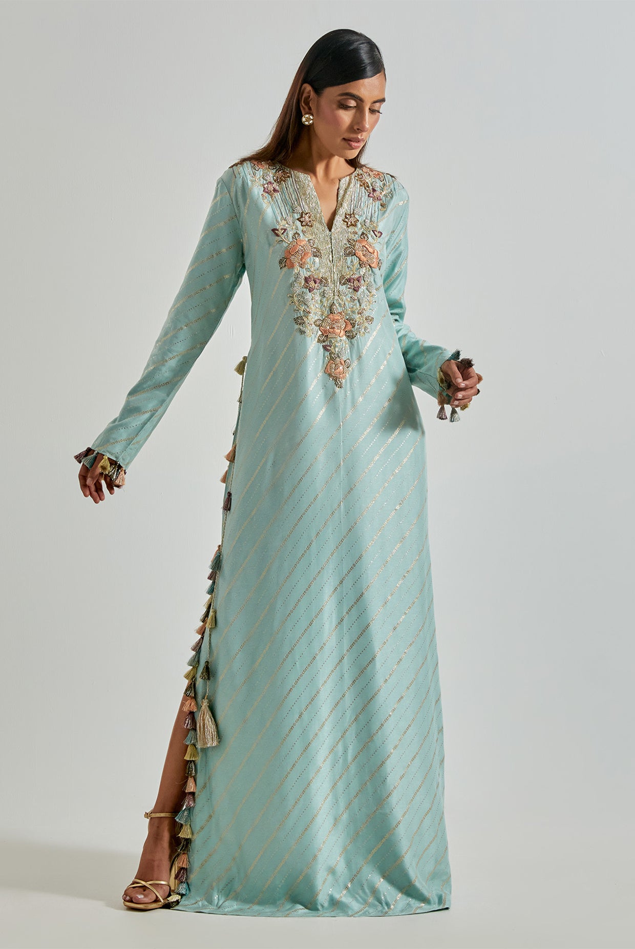 Powder Blue Line Dola Silk Beyza Kaftan