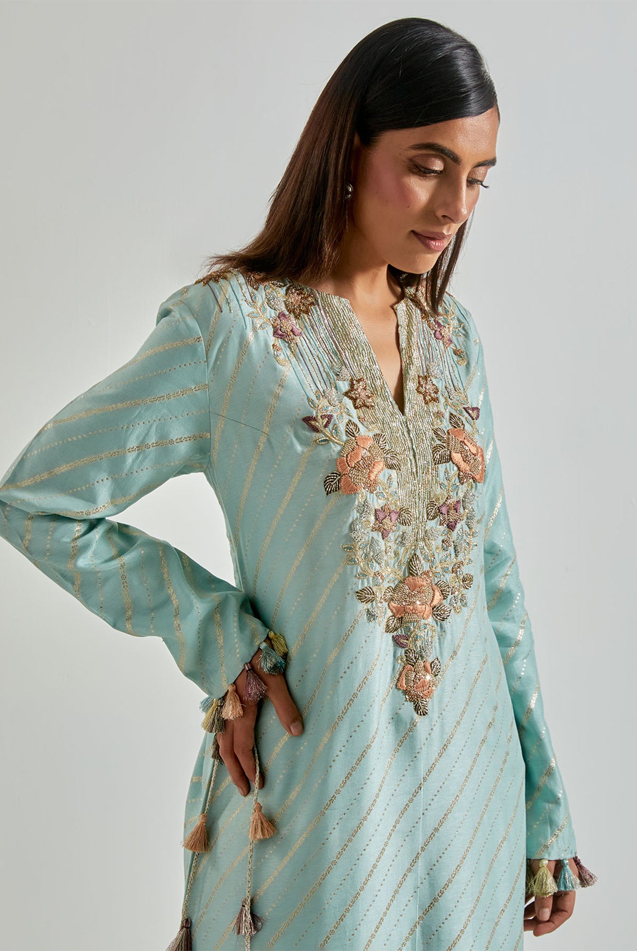 Powder Blue Line Dola Silk Beyza Kaftan