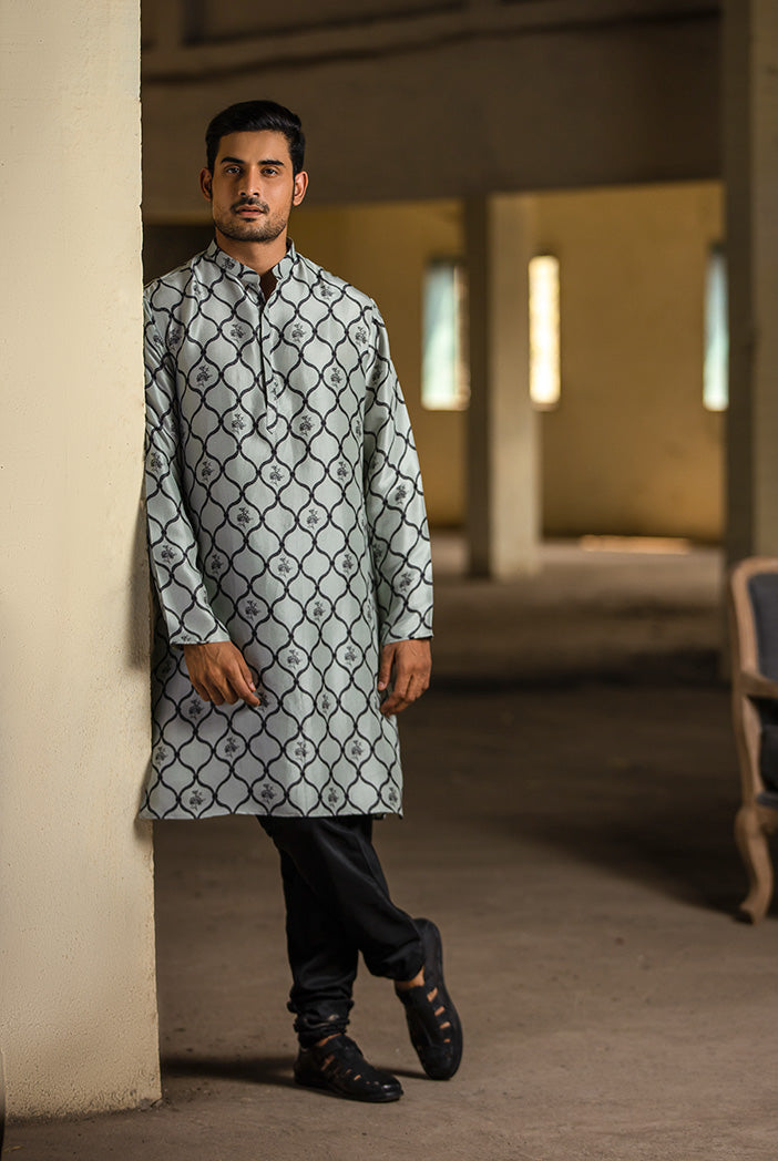 POWDER BLUE PRINTED SILK KURTA WITH BLACK COTTON SILK CHURIDAR