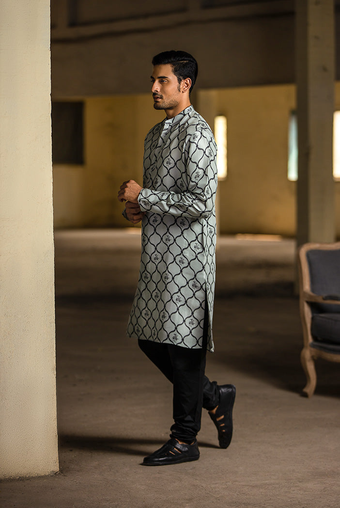 POWDER BLUE PRINTED SILK KURTA WITH BLACK COTTON SILK CHURIDAR