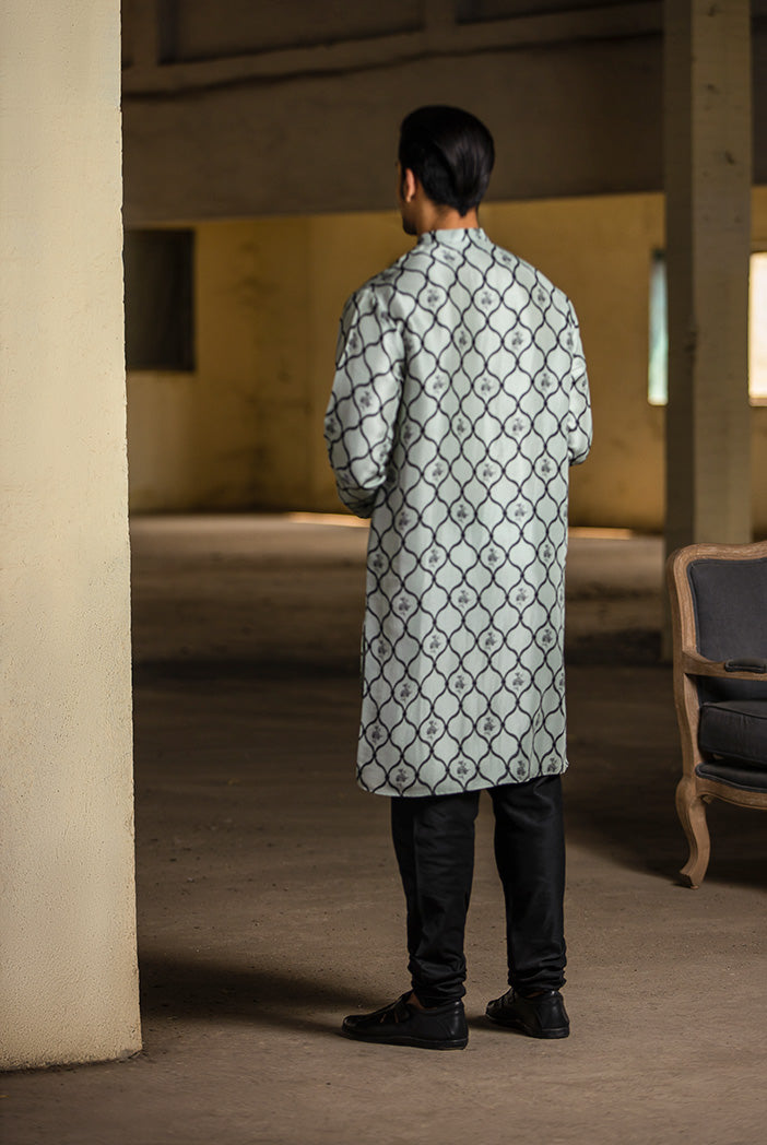 POWDER BLUE PRINTED SILK KURTA WITH BLACK COTTON SILK CHURIDAR