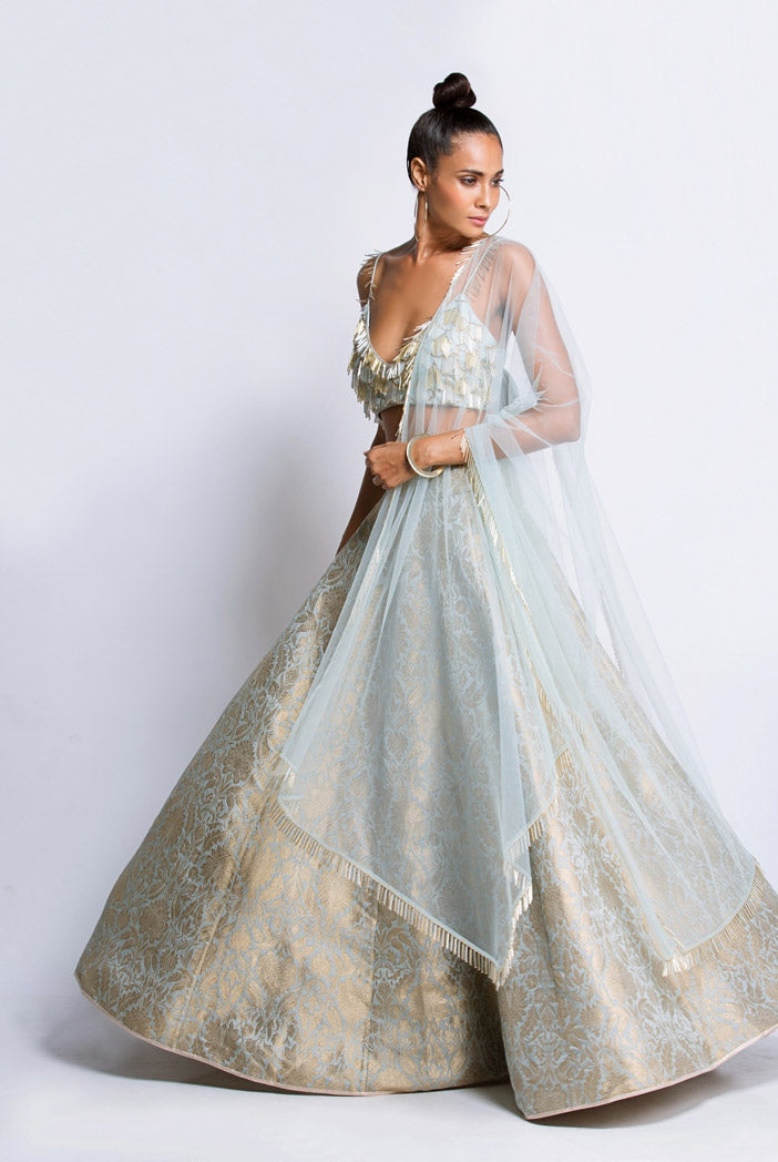 Powder Blue Silk Choli with Brocade Lehenga and Net Dupatta