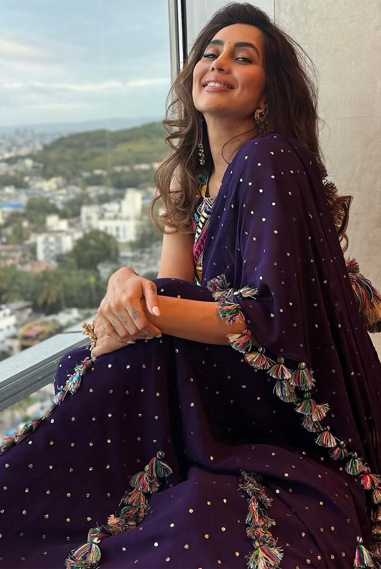PURPLE EMBROIDERED CHOLI & SHARARA WITH ATTAHCED PALLU