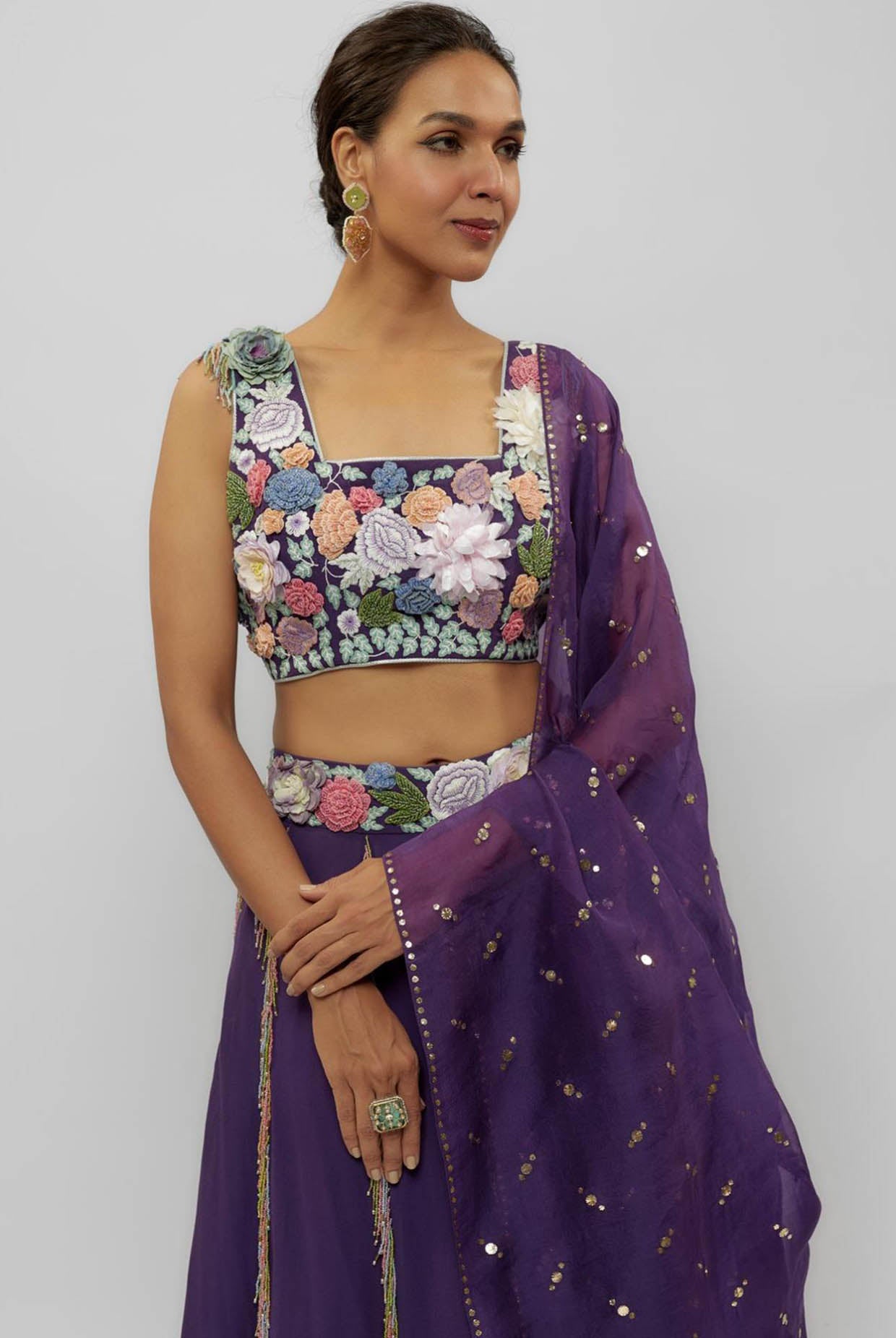 Purple Embroidered Choli With Lehenga And Dupatta