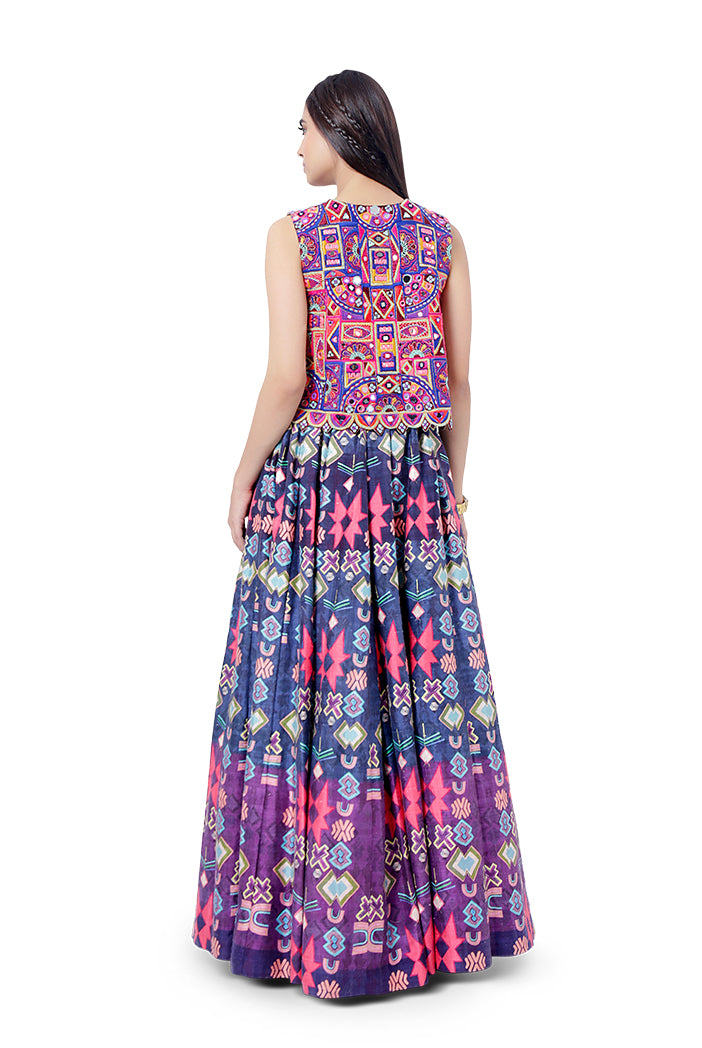 Rahat Purple Colour Georgette Embroidered Jacket with Printed Dupion Silk Bustier and Lehenga