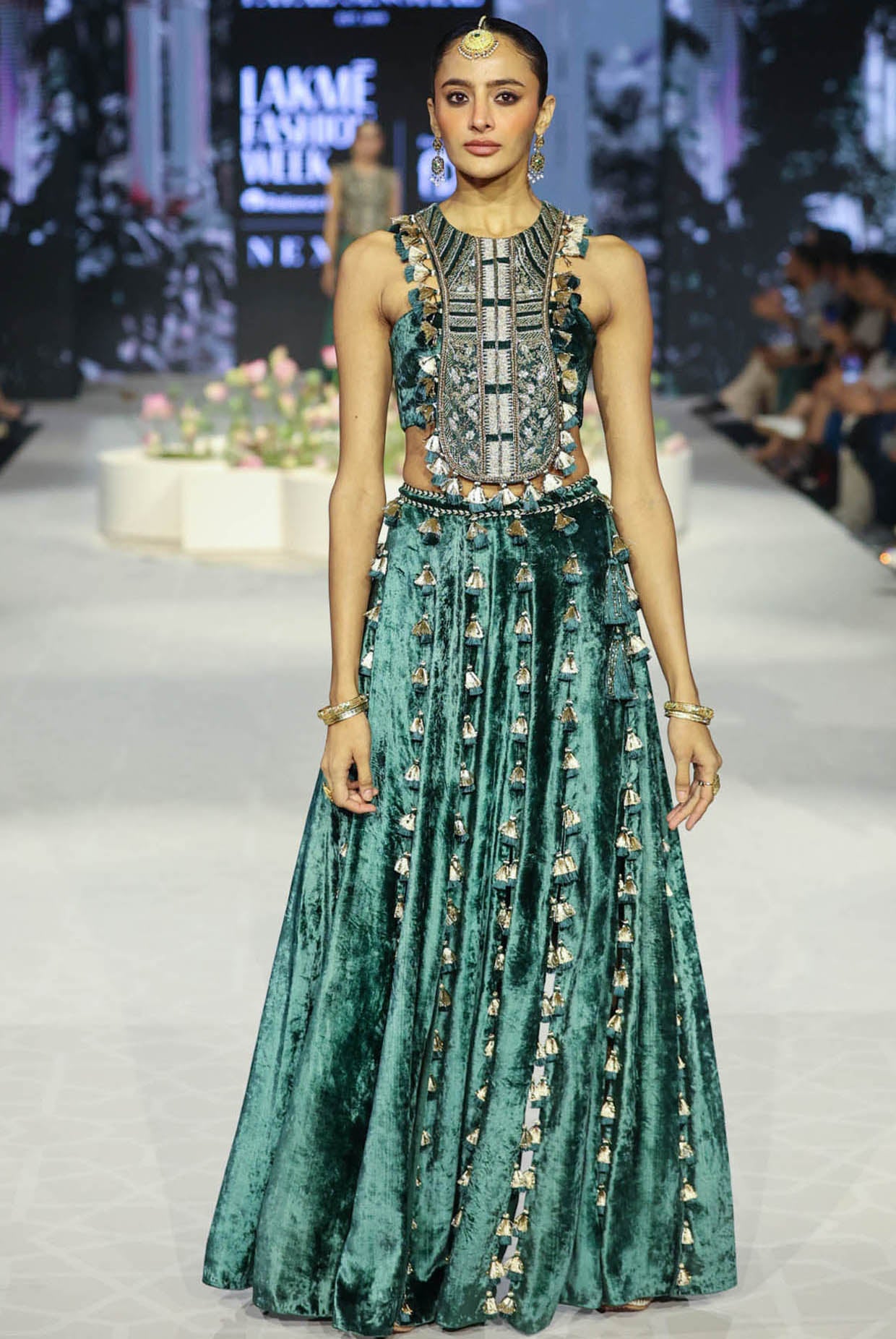 Rania Emerald Green Embroidered Back Tie-Up Choli With Slit Skirt