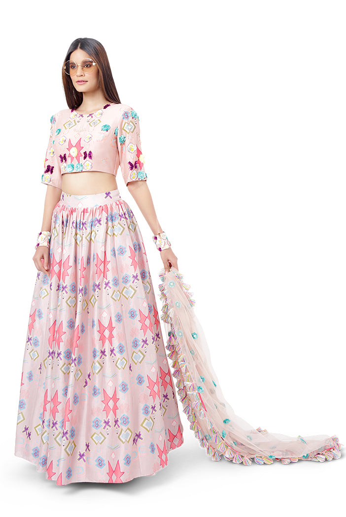 Rasal Blush Pink Printed Silkmul Choli with Silkmul Lehenga and Net Dupatta