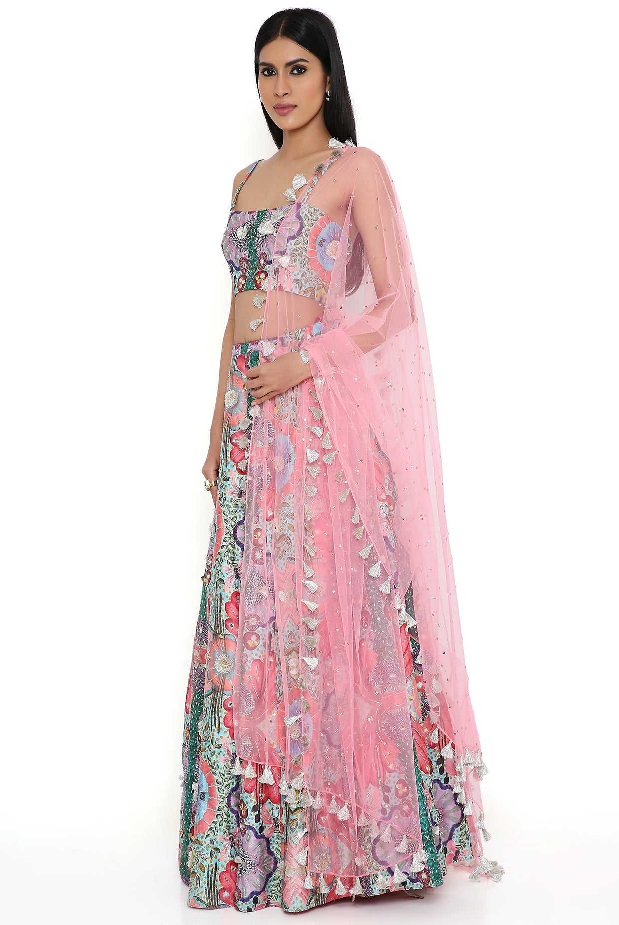 RED ENCHANTED DUPION SILK EMBROIDERED BUSTIER AND LEHENGA WITH MUKAISH NET DUPATTA