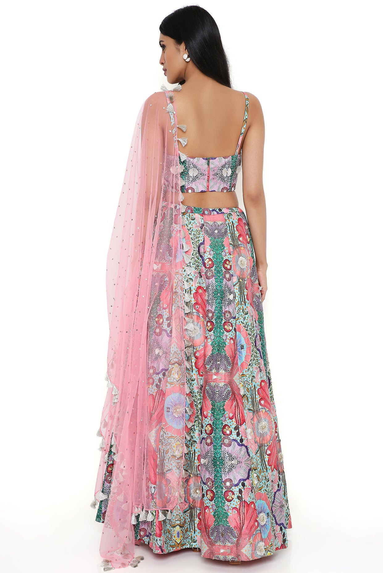 RED ENCHANTED DUPION SILK EMBROIDERED BUSTIER AND LEHENGA WITH MUKAISH NET DUPATTA
