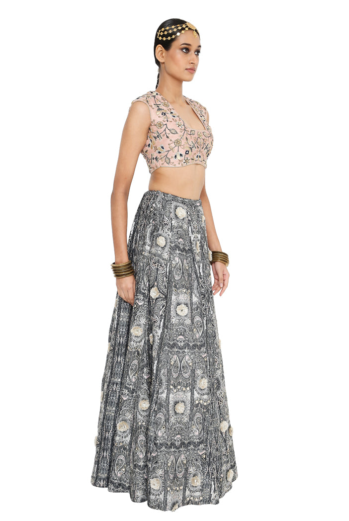Gulnar Rose Pink Colour Dupion Silk Embroidered Choli With Printed Dupion Silk Embroidered Lehenga