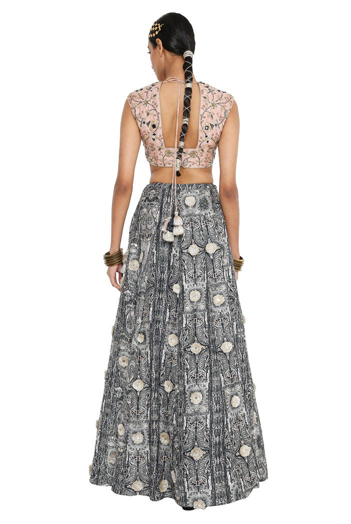 Gulnar Rose Pink Colour Dupion Silk Embroidered Choli With Printed Dupion Silk Embroidered Lehenga