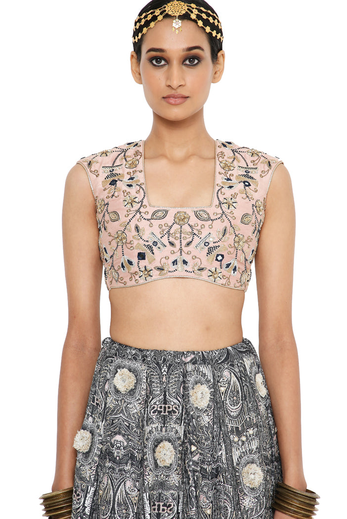 Gulnar Rose Pink Colour Dupion Silk Embroidered Choli With Printed Dupion Silk Embroidered Lehenga