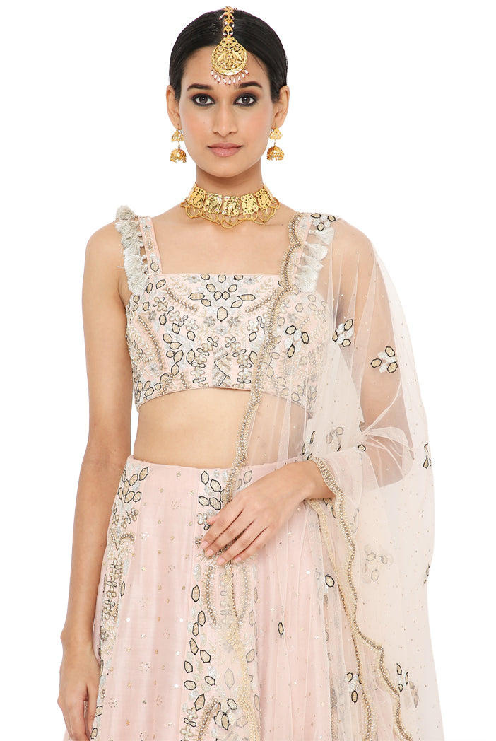 Athina Rose Pink Colour Embroidered Choli With Lehenga And Net Embroidered Dupatta
