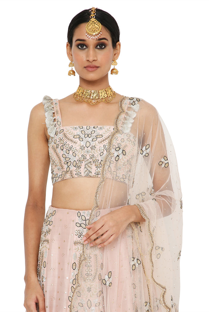 Athina Rose Pink Colour Embroidered Choli With Lehenga And Net Embroidered Dupatta