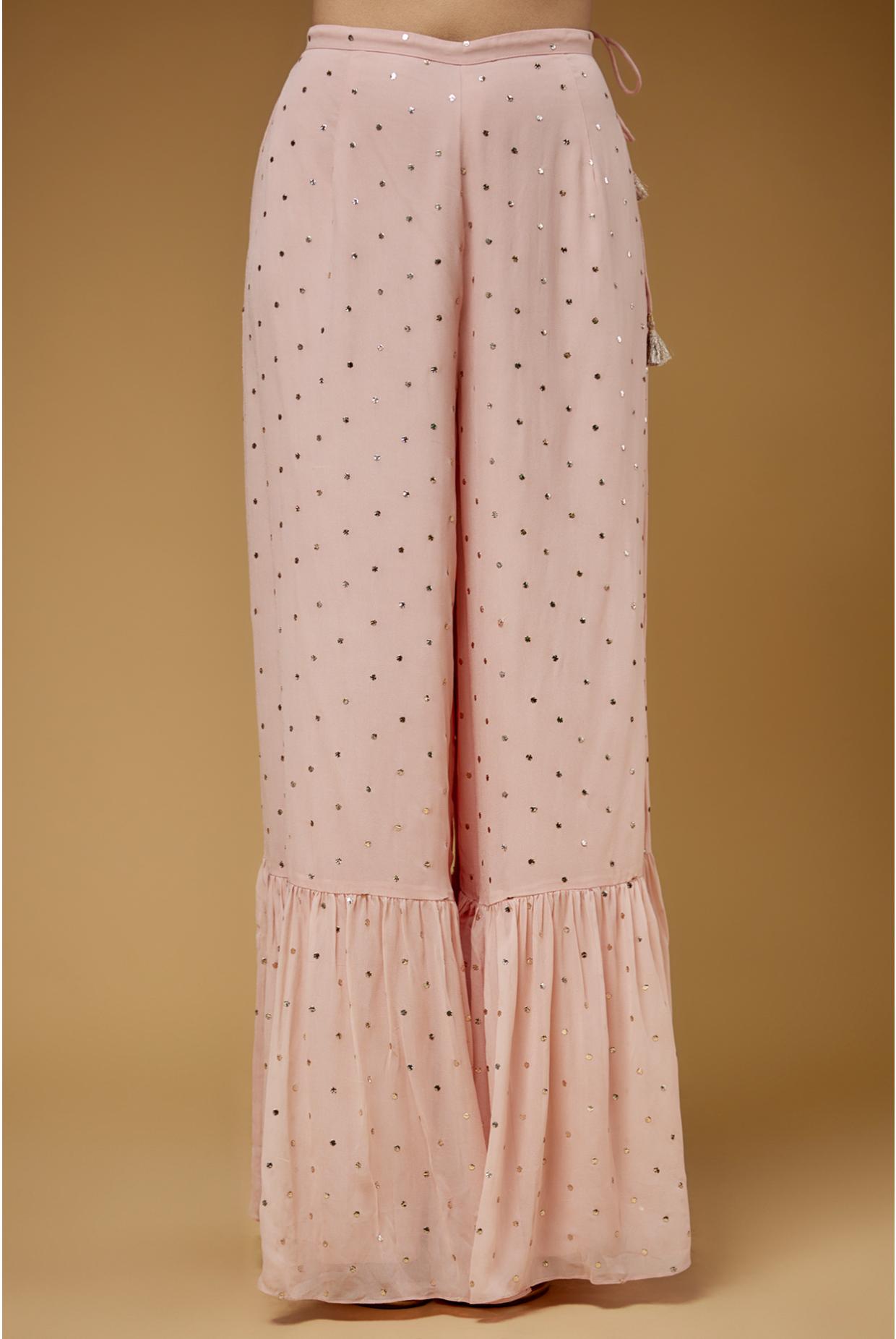 Rose Pink Embroidered Backless Kurta With One Frill Sharara & Dupatta