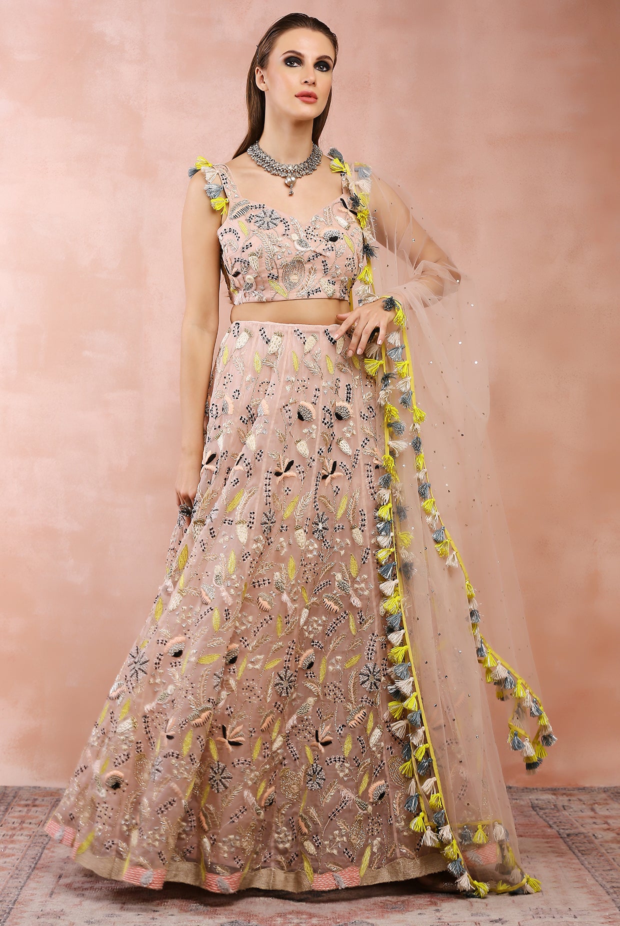 Rose Pink Embroidered Choli With Lehenga And Dupatta