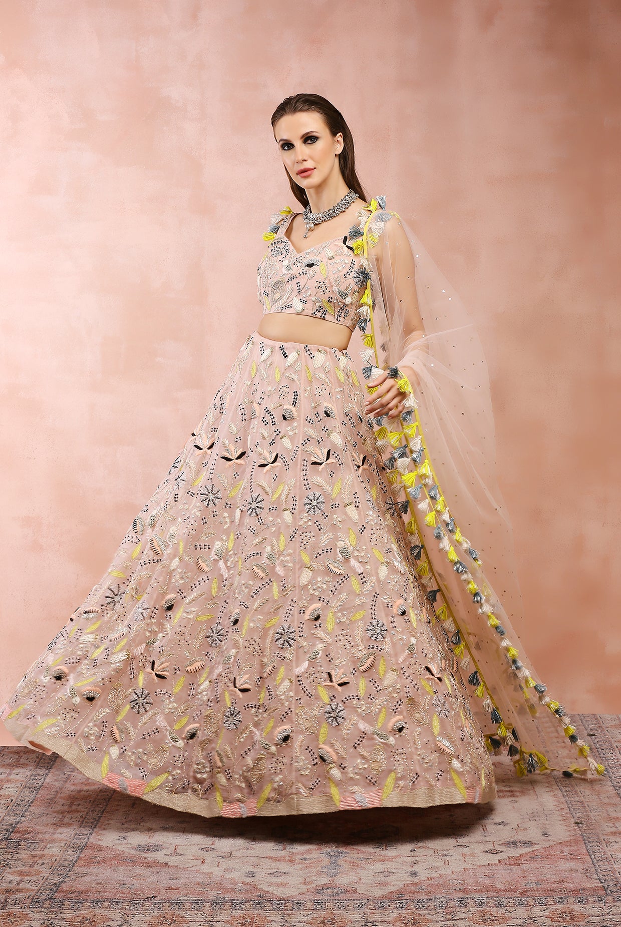 Rose Pink Embroidered Choli With Lehenga And Dupatta