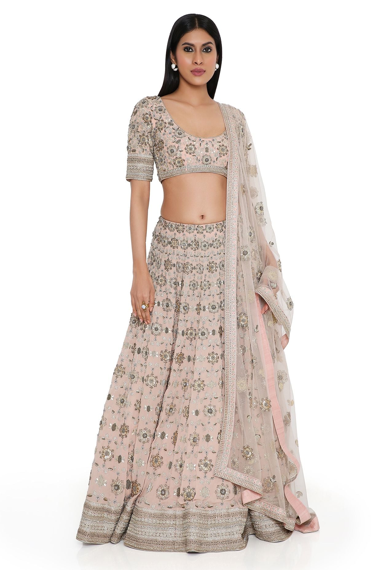 Rose Pink Georgette Embroidered Choli And Lehenga With Net Embroidered Dupatta