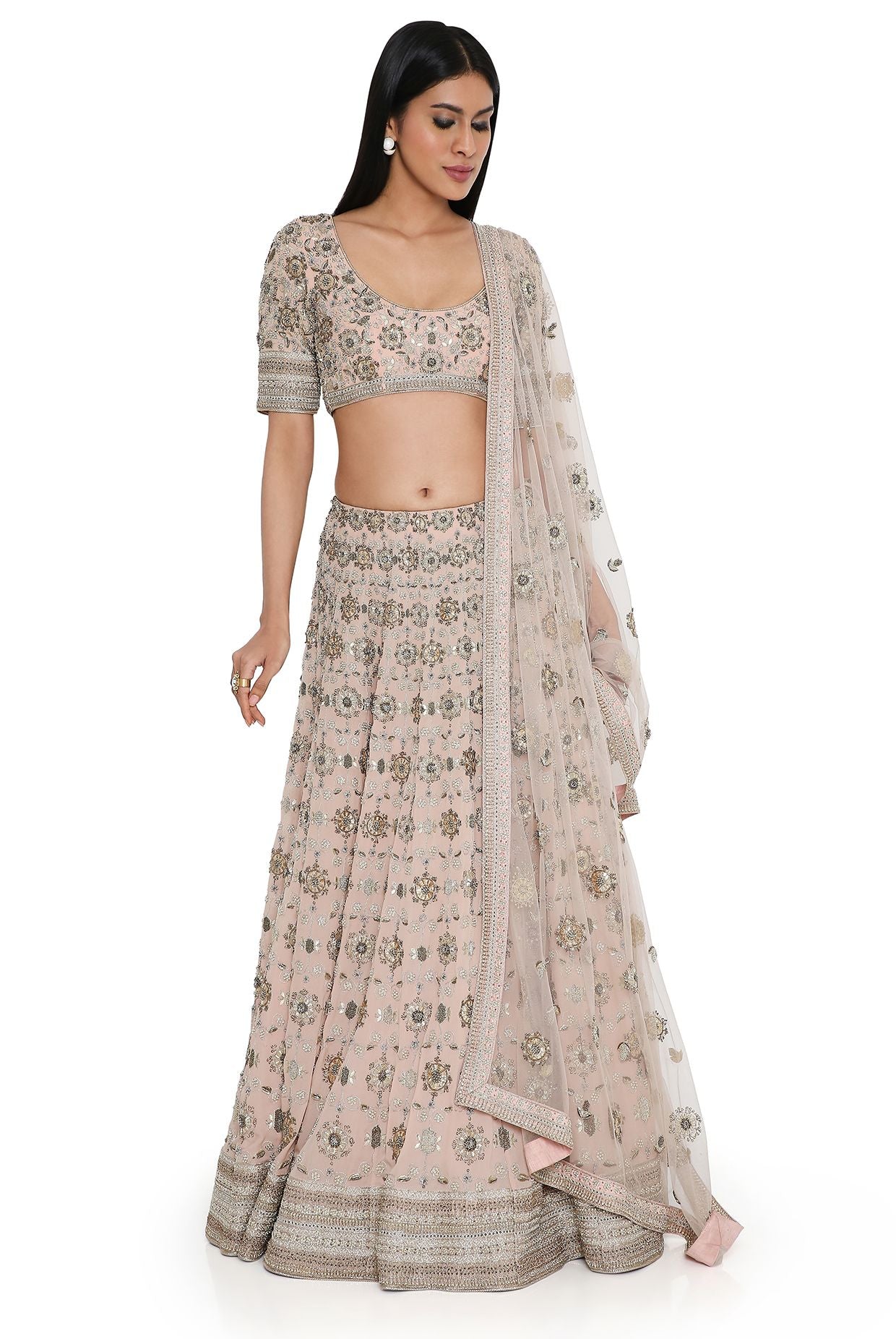 Rose Pink Georgette Embroidered Choli And Lehenga With Net Embroidered Dupatta