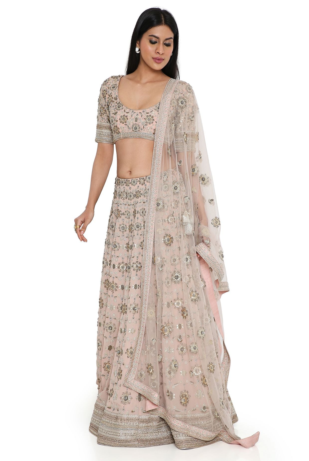 Rose Pink Georgette Embroidered Choli And Lehenga With Net Embroidered Dupatta