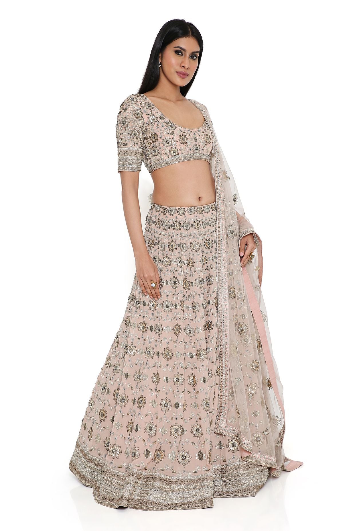 Rose Pink Georgette Embroidered Choli And Lehenga With Net Embroidered Dupatta
